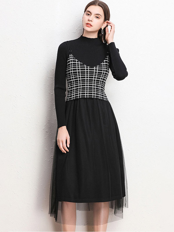 Black Plaid Camisole And Net Yarn Dress Sets