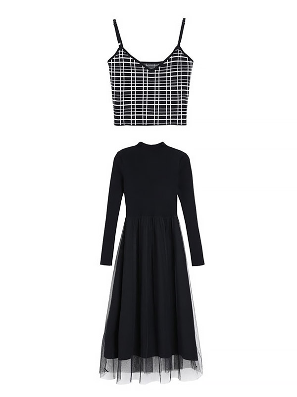 Black Plaid Camisole And Net Yarn Dress Sets