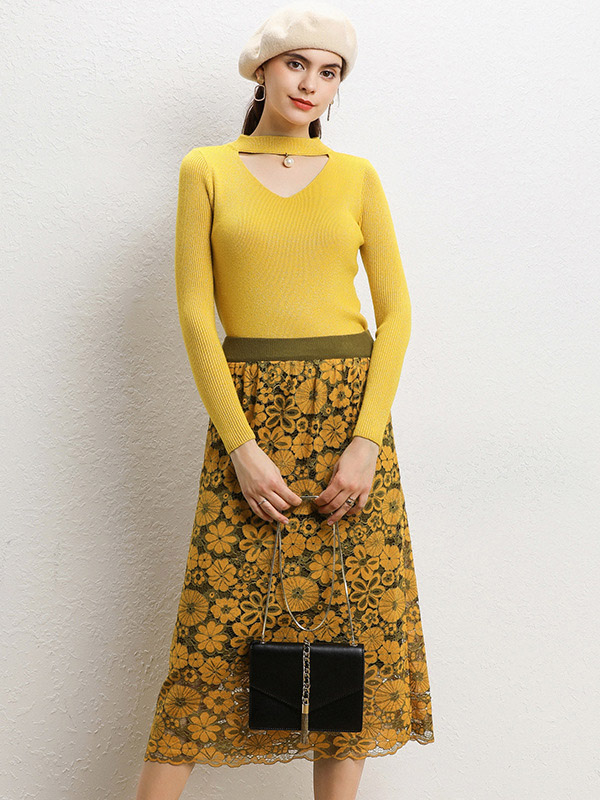 Yellow Lace Stitching Knit Sweater And Skirt Sets