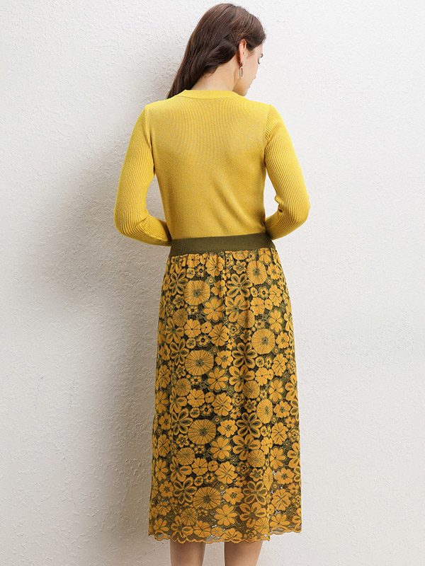 Yellow Lace Stitching Knit Sweater And Skirt Sets