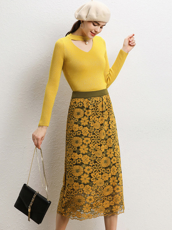 Yellow Lace Stitching Knit Sweater And Skirt Sets