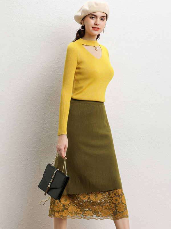 Yellow Lace Stitching Knit Sweater And Skirt Sets