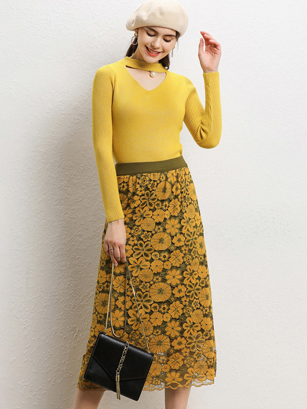 Yellow Lace Stitching Knit Sweater And Skirt Sets