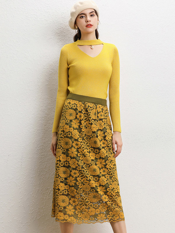 Yellow Lace Stitching Knit Sweater And Skirt Sets