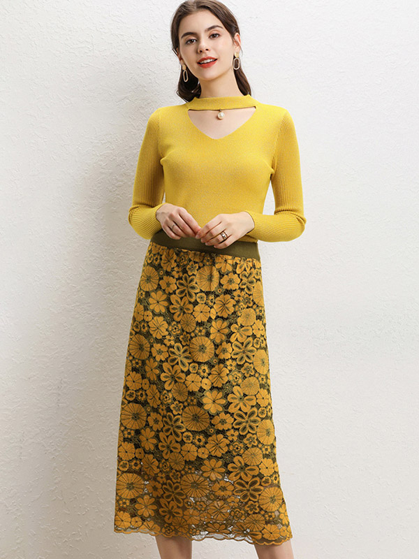 Yellow Lace Stitching Knit Sweater And Skirt Sets