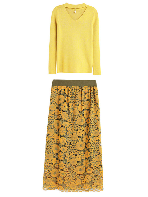 Yellow Lace Stitching Knit Sweater And Skirt Sets