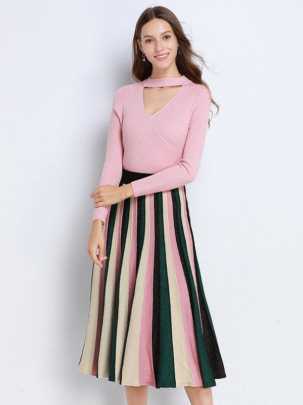 Pink Asymmetrical Hem Knitted Sweater And Skirt Sets