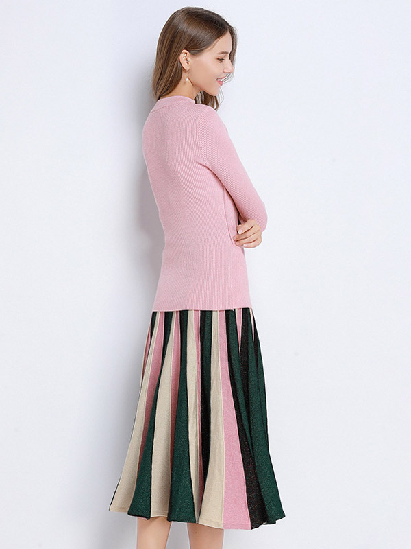 Pink Asymmetrical Hem Knitted Sweater And Skirt Sets