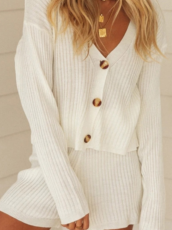 White Cropped Knitted Cardigan And Short Sets