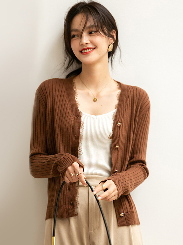 Brown V Neck Caridgan with Lace