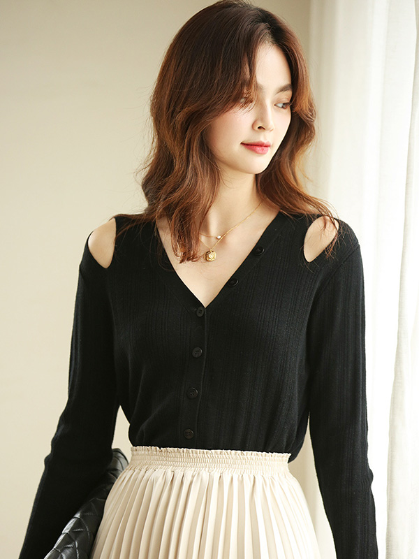 Black V Neck Cold Shoulder Caridgan