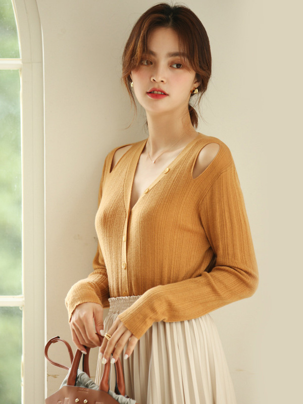 Yellow V Neck Cold Shoulder Caridgan