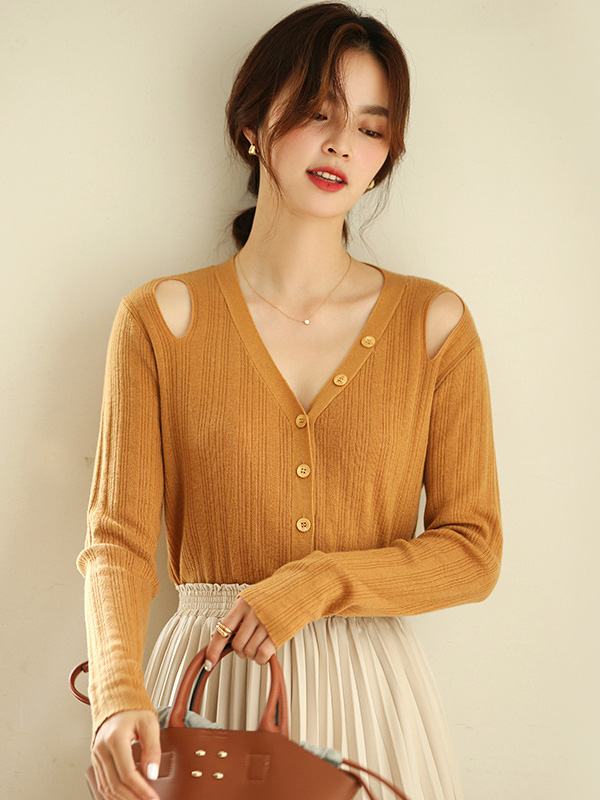 Yellow V Neck Cold Shoulder Caridgan