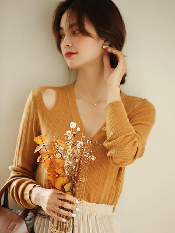 Yellow V Neck Cold Shoulder Caridgan