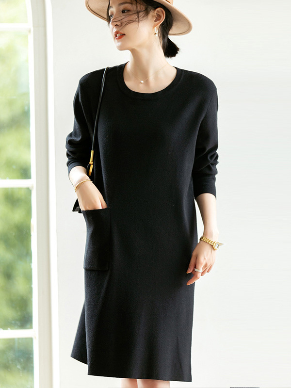 Black Shift Midi Dress with Pocket