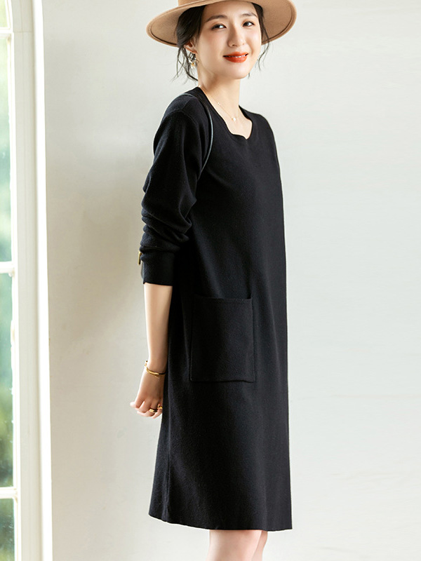 Black Shift Midi Dress with Pocket