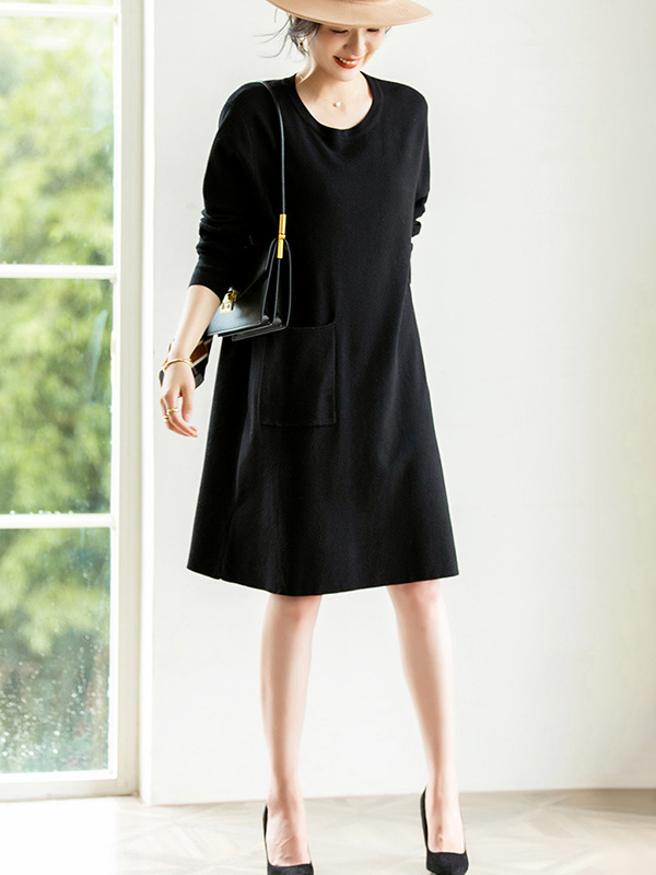 Black Shift Midi Dress with Pocket