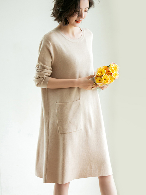 Apricot Shift Midi Dress with Pocket