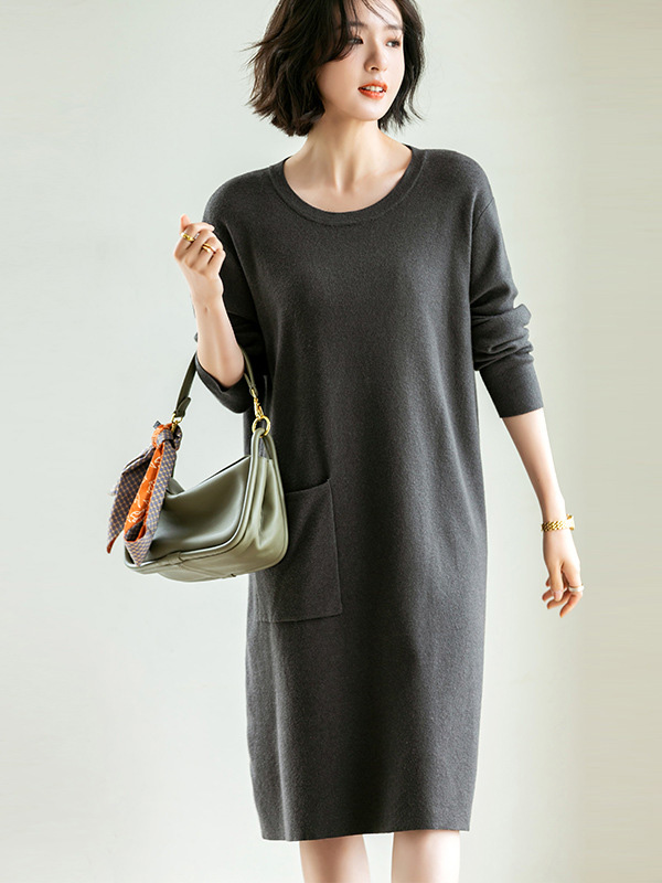 Dark Grey Shift Midi Dress with Pocket