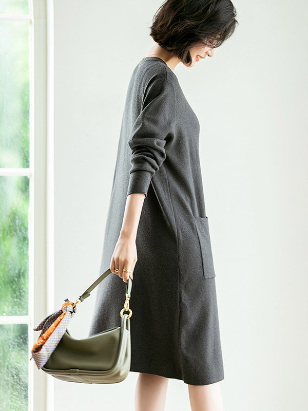 Dark Grey Shift Midi Dress with Pocket