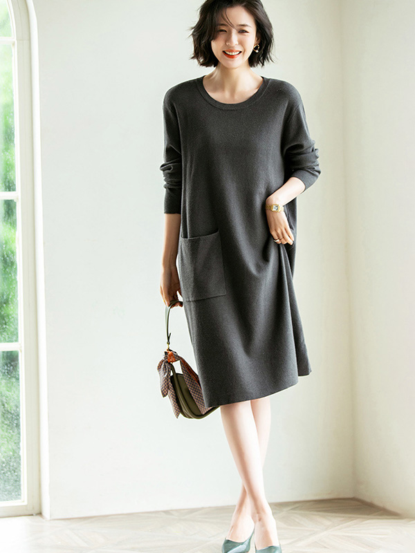 Dark Grey Shift Midi Dress with Pocket