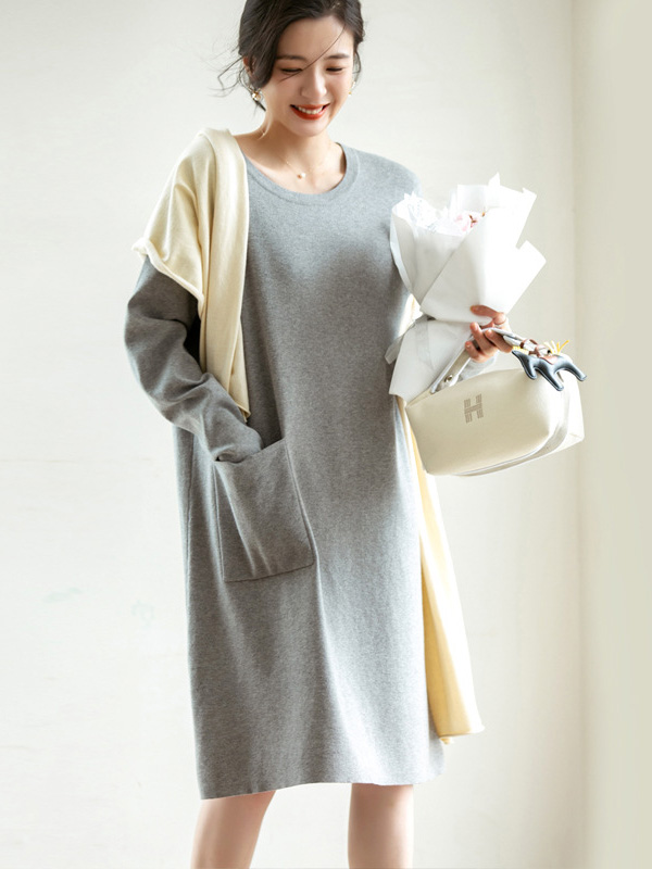 Light Grey Shift Midi Dress with Pocket