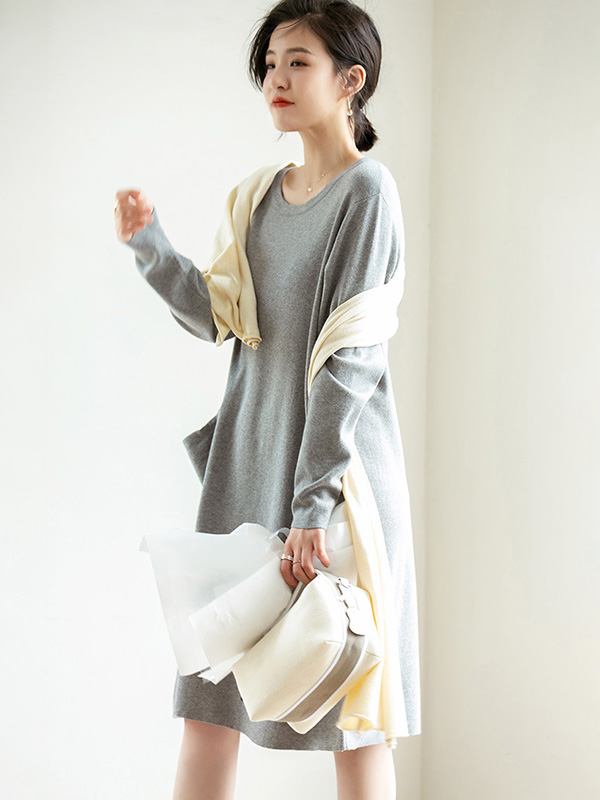 Light Grey Shift Midi Dress with Pocket