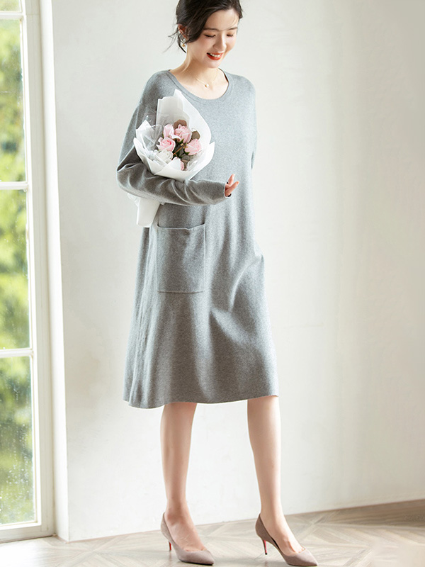 Light Grey Shift Midi Dress with Pocket