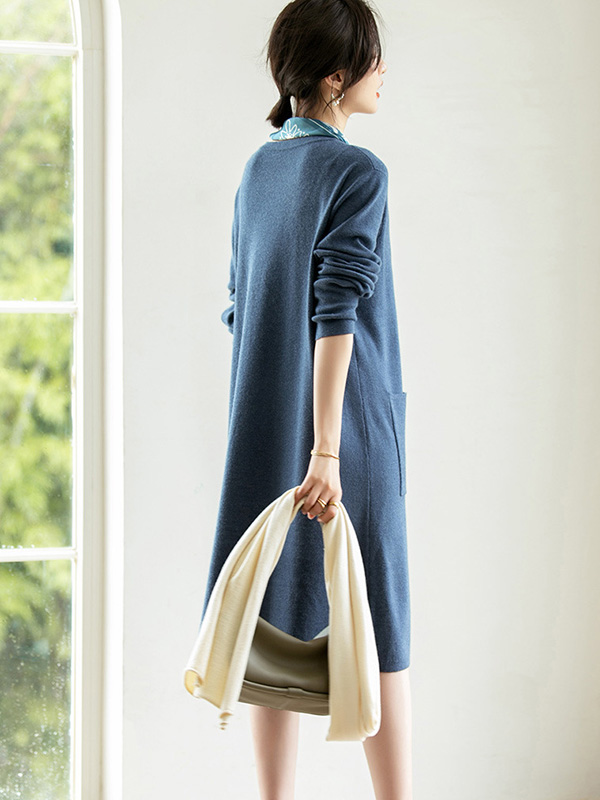 Blue Shift Midi Dress with Pocket