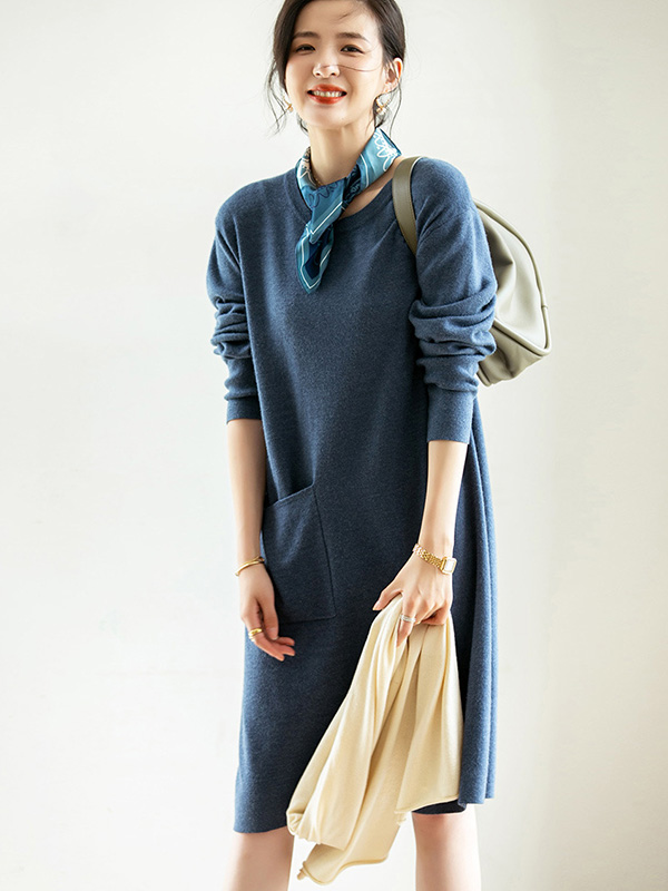 Blue Shift Midi Dress with Pocket