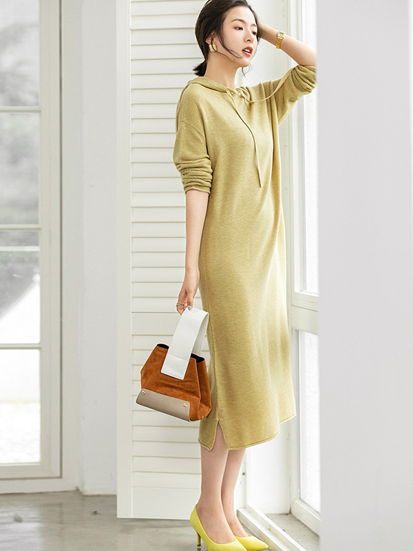 Yellow Hooded Midi Knit Dress