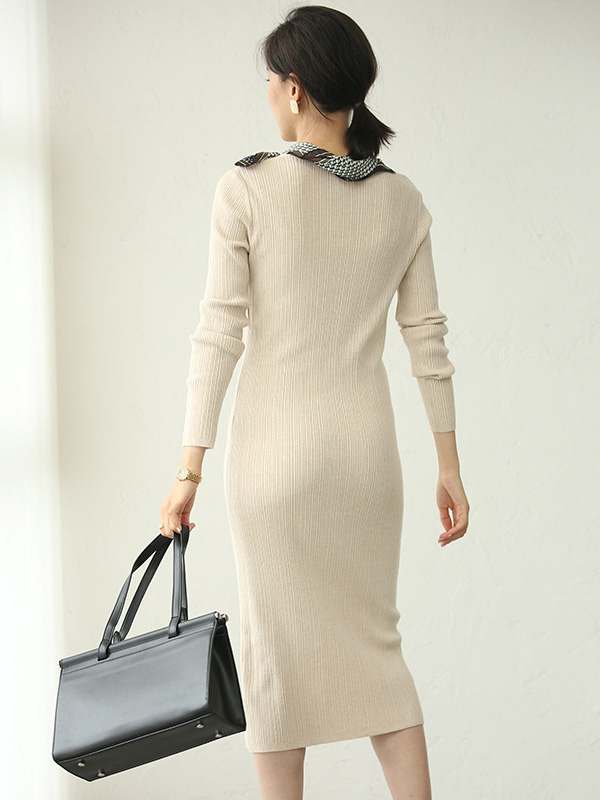 Apricot Scoop Neck Ribbed Style Midi Dress