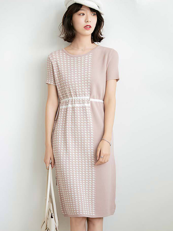 Pink Houndstooth Short Sleeves Midi Dress