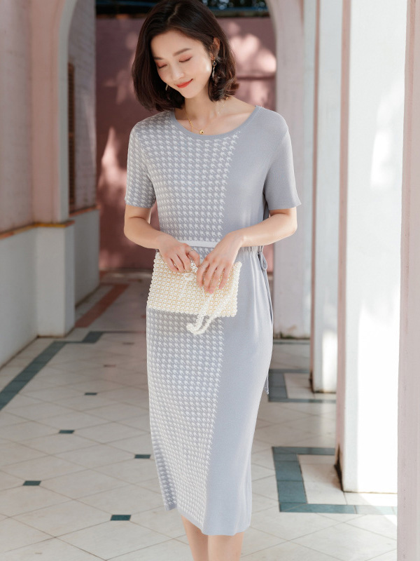 Grey Houndstooth Short Sleeves Midi Dress