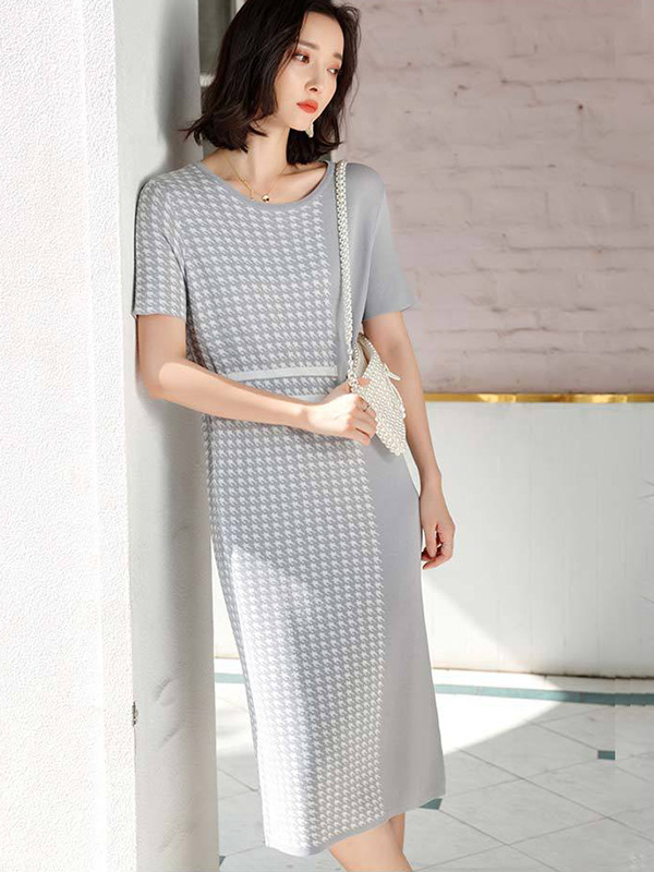 Grey Houndstooth Short Sleeves Midi Dress