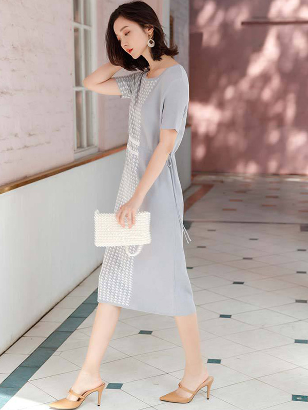 Grey Houndstooth Short Sleeves Midi Dress