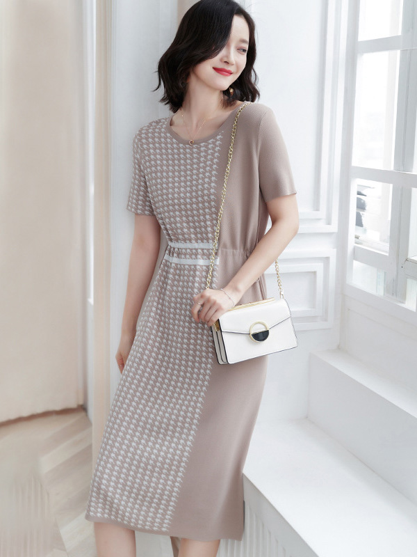 Khaki Houndstooth Short Sleeves Midi Dress