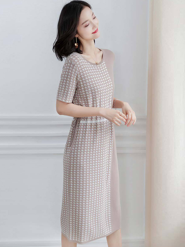 Khaki Houndstooth Short Sleeves Midi Dress