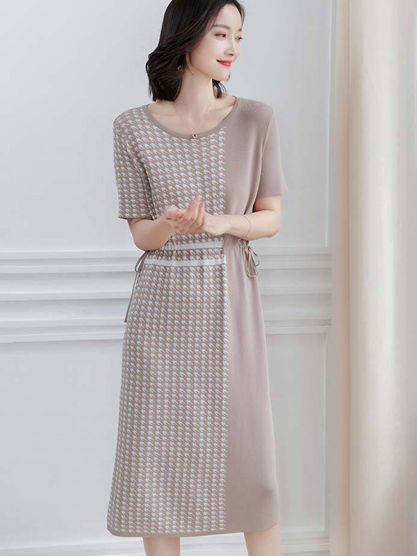 Khaki Houndstooth Short Sleeves Midi Dress