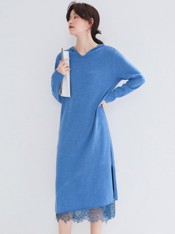 Blue Hooded Knitted Maxi Dress