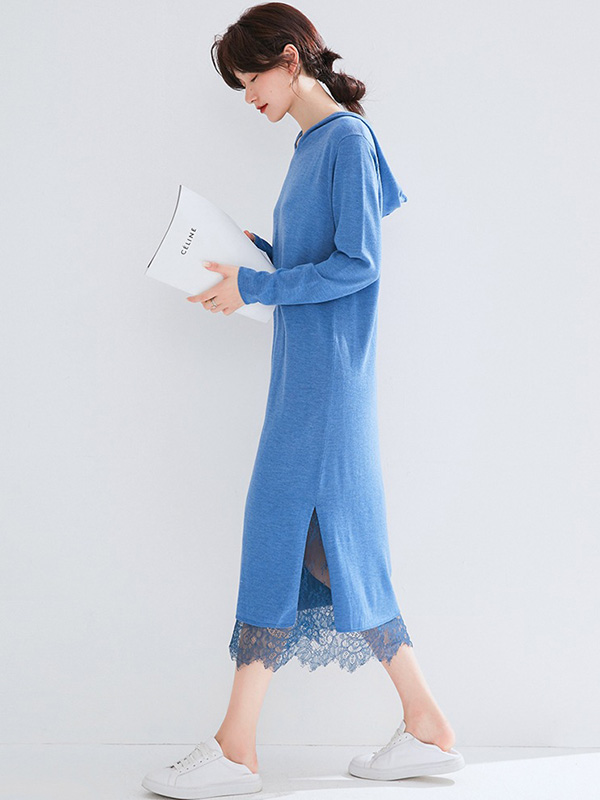 Blue Hooded Knitted Maxi Dress