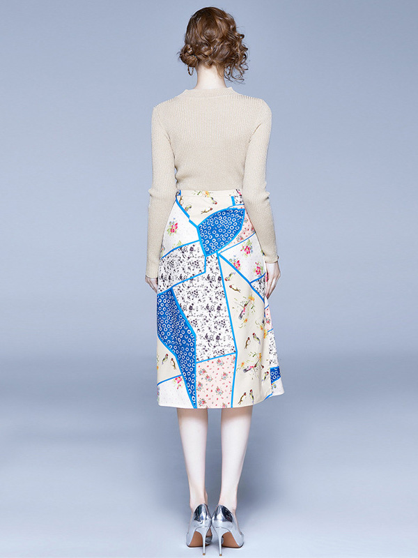 Apricot Round Neck Knit Top and Printed Skirt Set