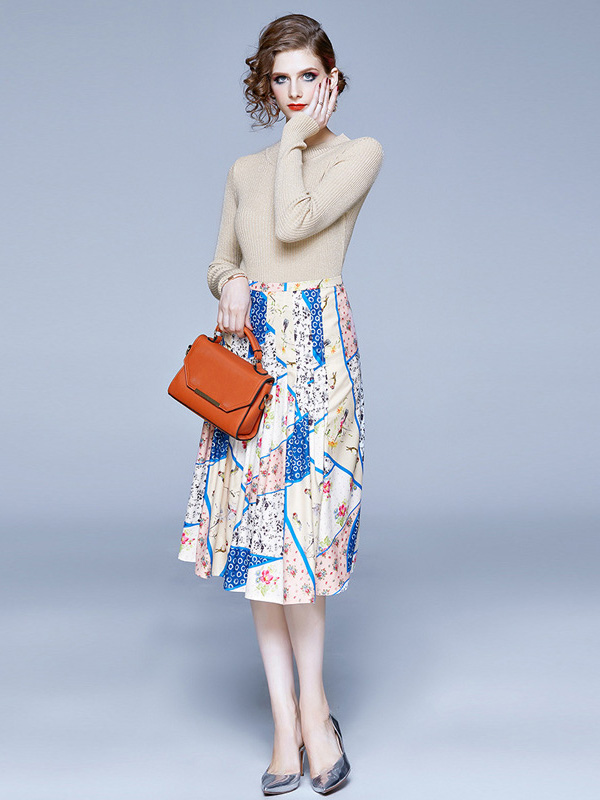 Apricot Round Neck Knit Top and Printed Skirt Set