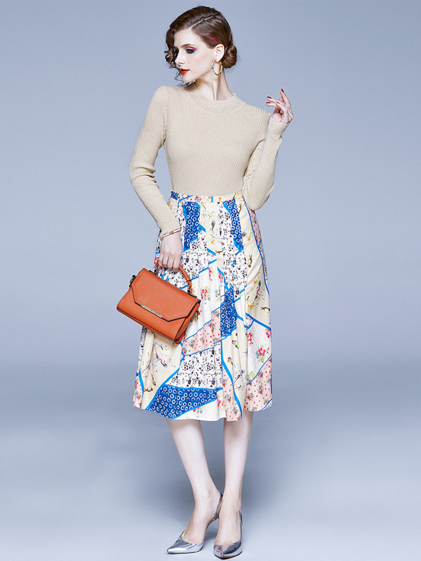 Apricot Round Neck Knit Top and Printed Skirt Set