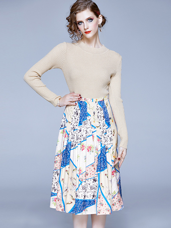 Apricot Round Neck Knit Top and Printed Skirt Set