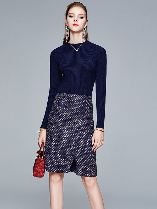 Navy Crew Neck Knit Woolen Midi Dress