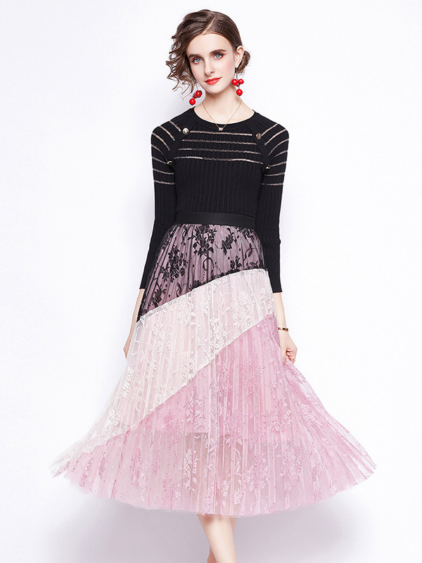 Black Knit Top and Pink Lace Skirt Set