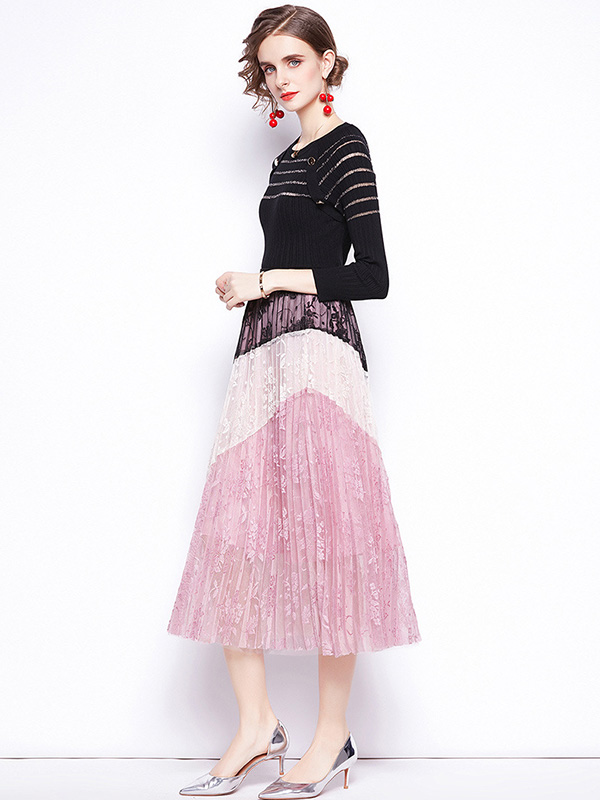 Black Knit Top and Pink Lace Skirt Set