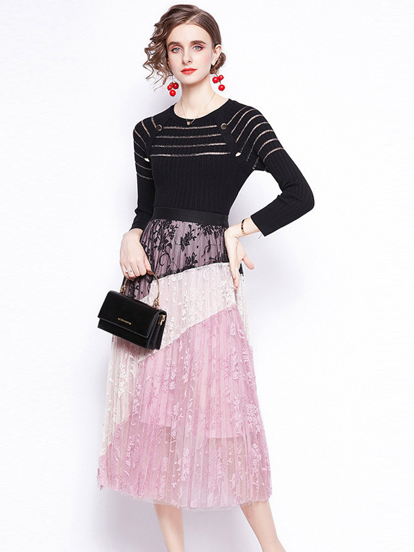 Black Knit Top and Pink Lace Skirt Set