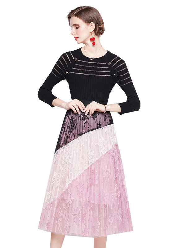 Black Knit Top and Pink Lace Skirt Set